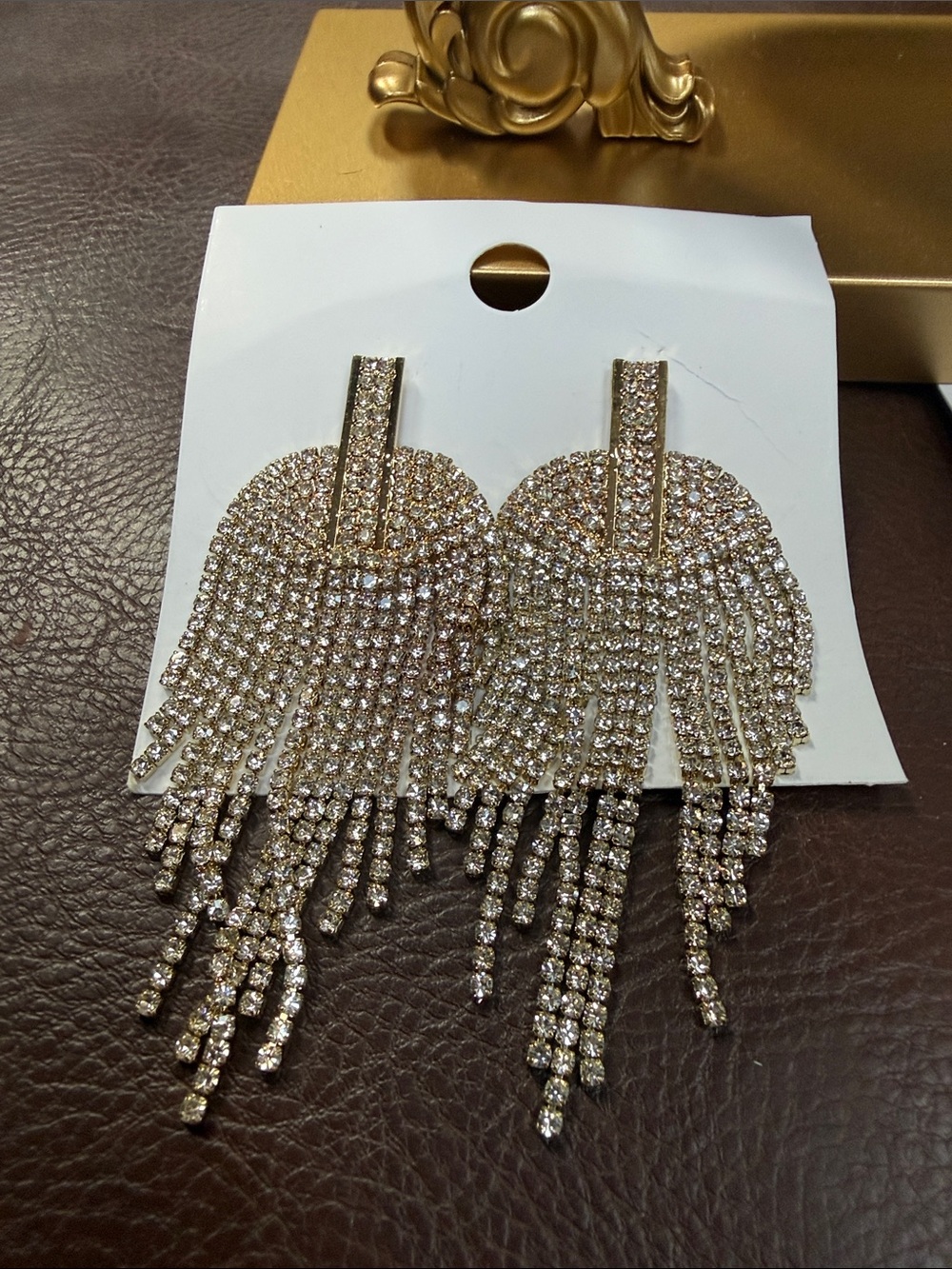 Gold Rhinestone Fringe Statement Earrings - Women Jewelry